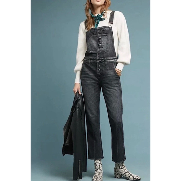 AMO Bella Overalls Womens Large Button Front Denim Bib Raven Washed Black